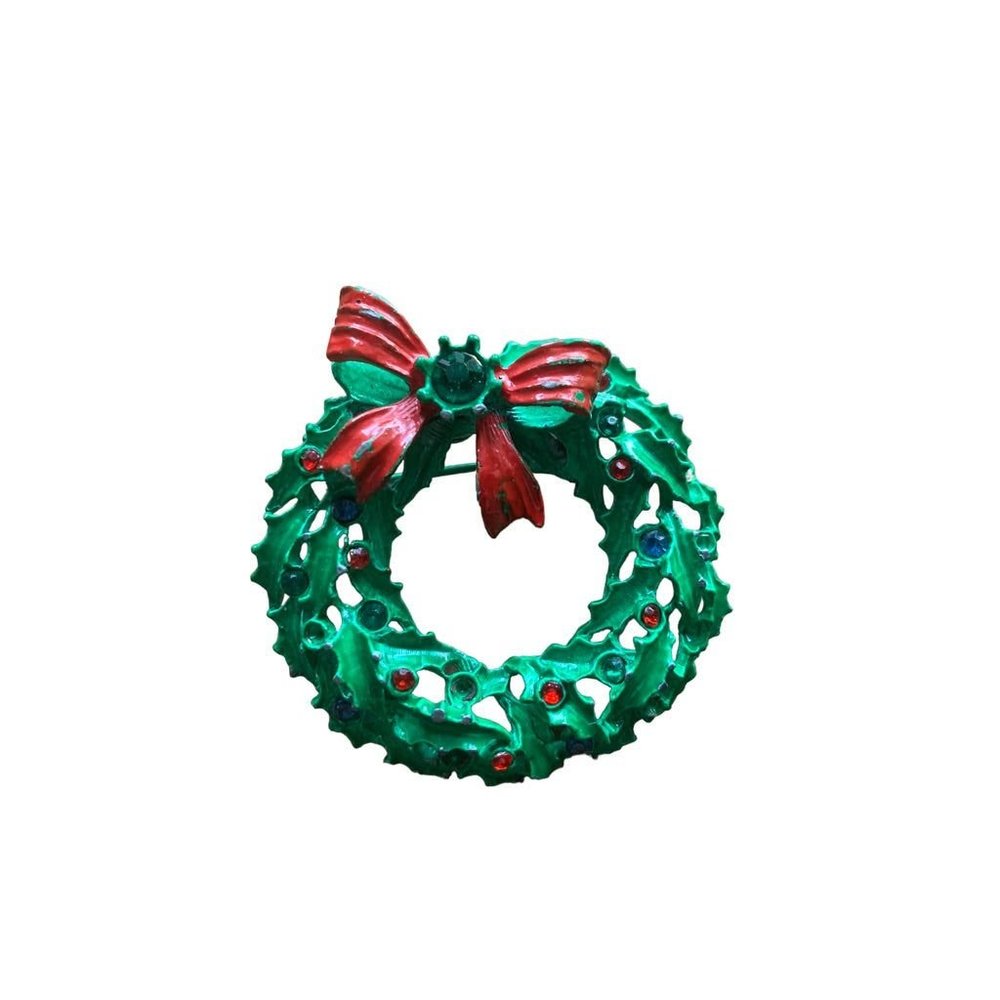 Vintage Holiday Wreath Brooch Green Red Blue Stones Pin 2" Diameter